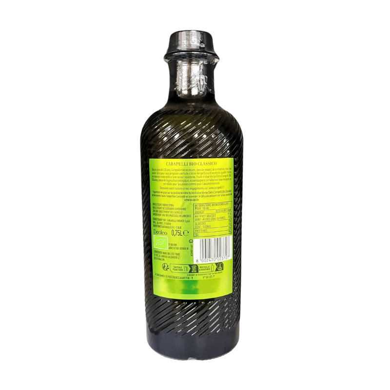Bouteille de 75cl d'huile d’olive bio carapelli, affichant l'étiquette verte avec détails du produit.