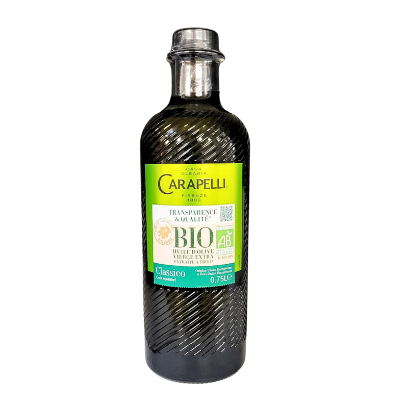 Bouteille d'huile d’olive bio Carapelli 75cl, excellence italienne et méditerranéenne, pressée à froid pour un goût équilibré.