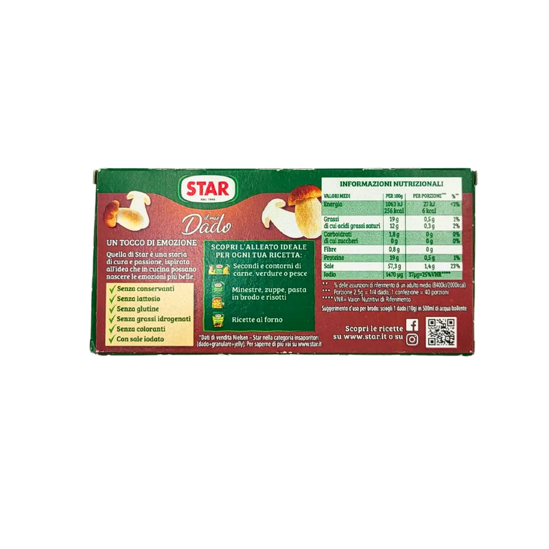 Boîte de Cubes de Bouillon aux Cèpes Star il Mio Dado 100 g présentant les informations nutritionnelles et des illustrations de champignons.