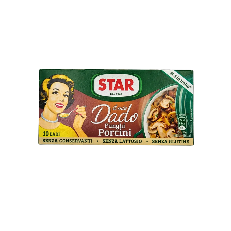 Emballage des Cubes de Bouillon aux Cèpes Star il Mio Dado 100 g avec une illustration de champignons.