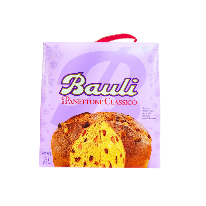 Emballage avant du Panettone Classico Bauli 700g montrant le gâteau avec raisins secs et fruits confits.