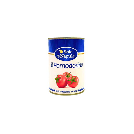 Boîte de tomates cerises Il Pomodorino 400g, saveur méditerranéenne, produit en Italie, par Sole e Napule.