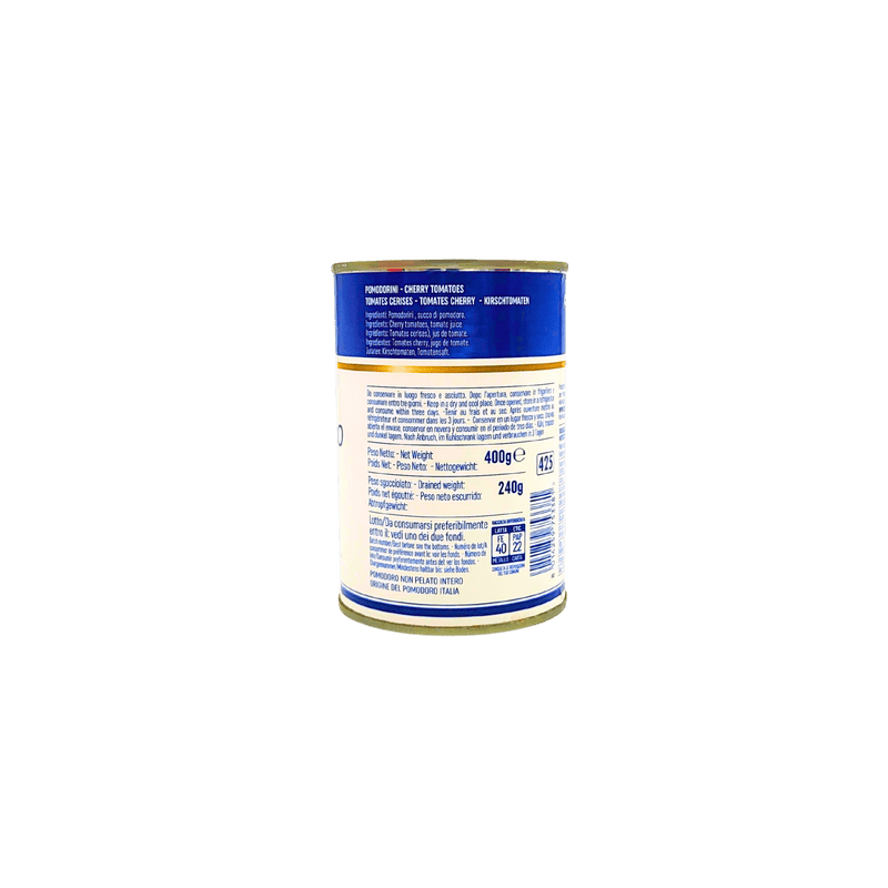 Boîte de tomates cerises italiennes Il Pomodorino 400g avec étiquette arrière, produit authentique d'Italie
