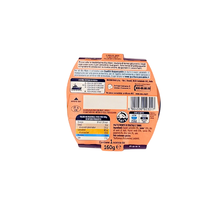 Vue arrière de l'Insalatissime Rio Mare Insalata di Tonno Fagioli 160g, avec détails sur les ingrédients et informations nutritionnelles.