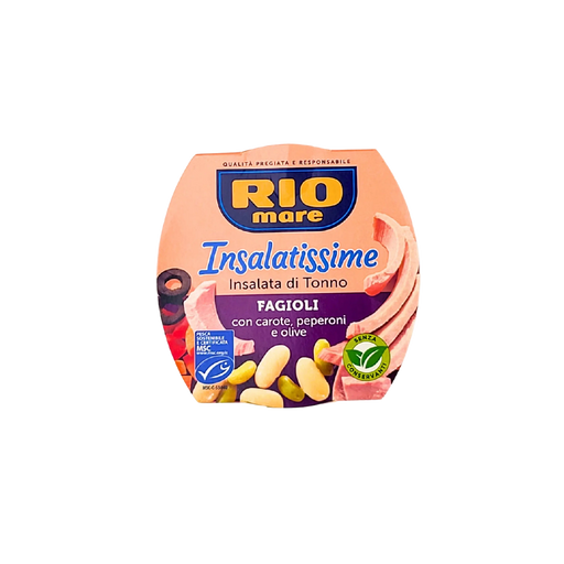 Vue avant de l'Insalatissime Rio Mare Insalata di Tonno Fagioli 160g, salade de thon aux haricots avec carottes, poivrons et olives.