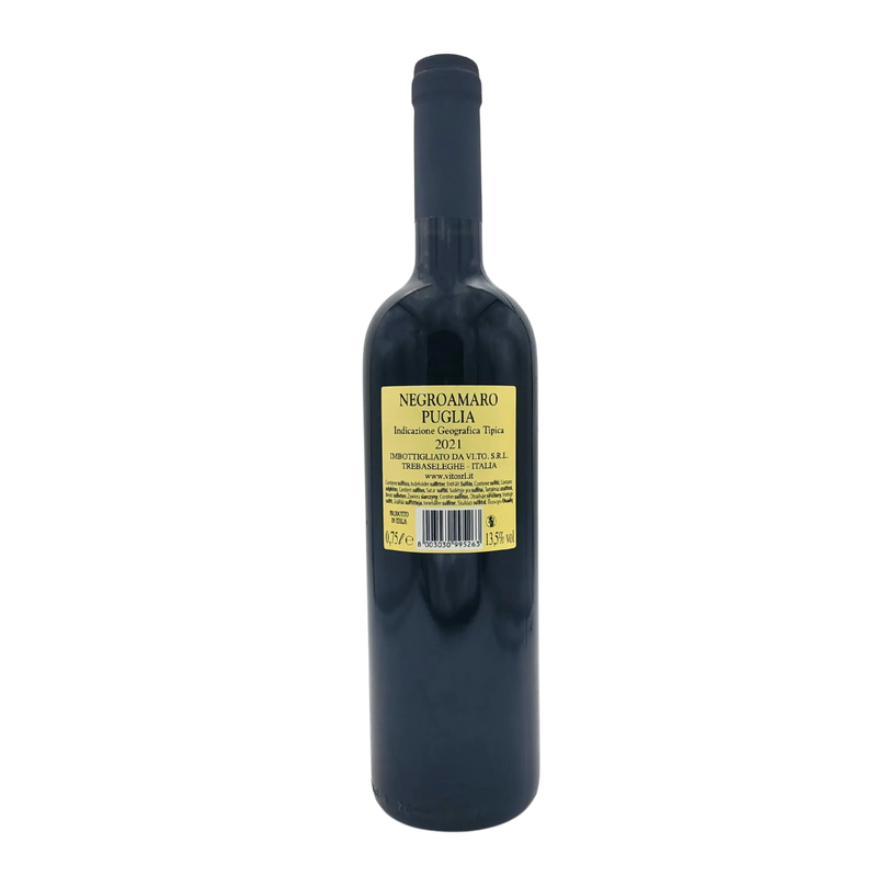 Bouteille de vin Negroamaro Puglia 2022, étiquette jaune, 75cl, pour amateurs de vins rouges italiens.