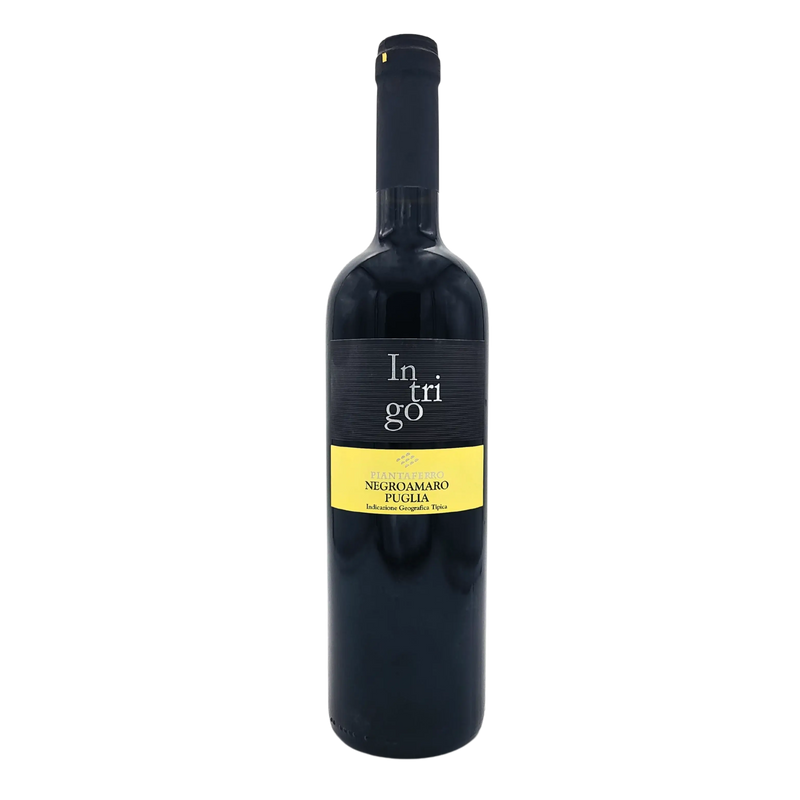 Bouteille de vin Intrigo Negroamaro Puglia 75cl, rouge épicé et fruité, idéale pour les amateurs de vins italiens.