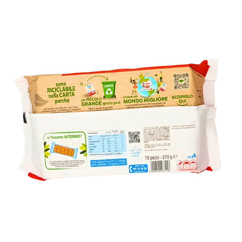 Achterkant verpakking van Kinder Brioss brioche 270g met productinformatie en recycling.