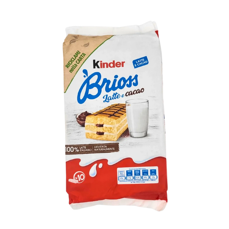 Brioche Kinder Brioss Lait & Cacao 270g, douceur italienne avec génoise au levain naturel, garniture lait et cacao.