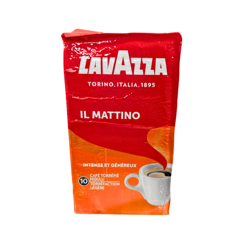 Café Moulu Lavazza Il Mattino 250g, mélange corsé pour des matins intenses, avec des arômes de robustas asiatiques et africains.