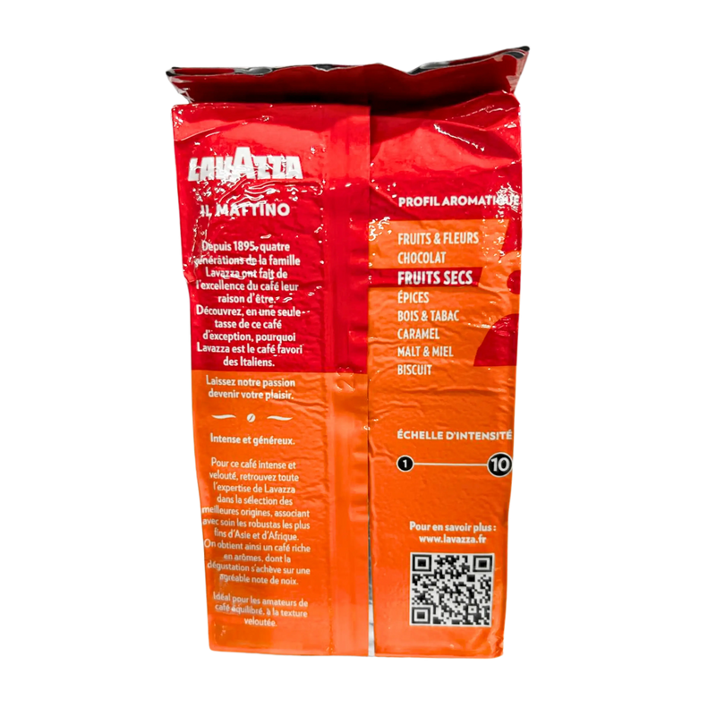 Emballage du Café Moulu Lavazza Il Mattino 250g mettant en avant le profil aromatique et l’échelle d’intensité.