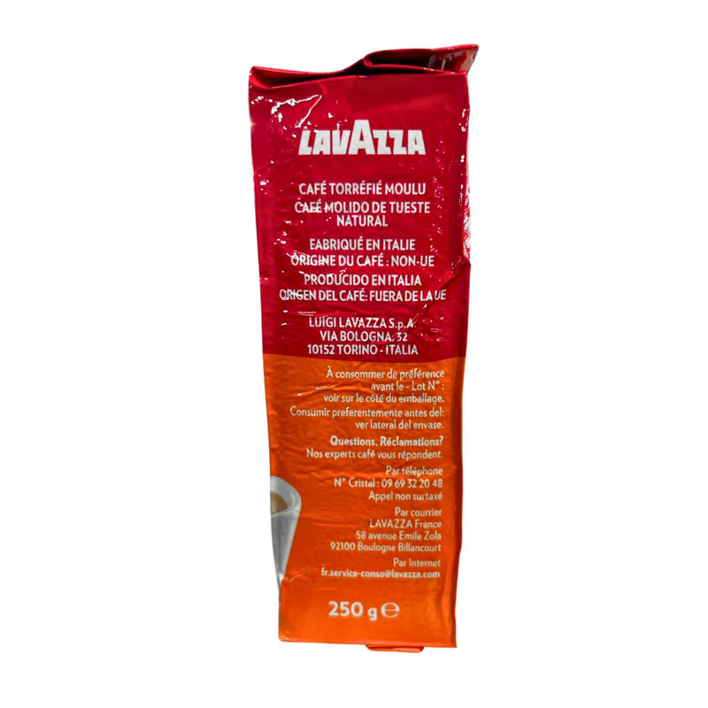 Paquet de Café Moulu Lavazza Il Mattino 250g au design rouge et orange, présentant un mélange de café intense et aromatique.