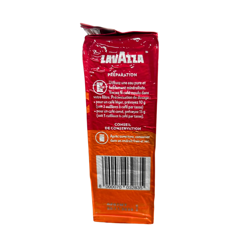 Vue latérale de l’emballage du Café Moulu Lavazza Il Mattino 250g montrant les instructions de préparation et le code-barres.