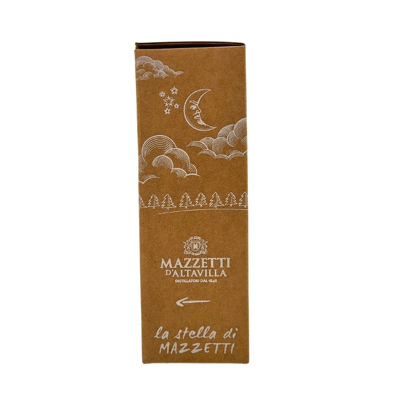 Boîte de la Grappa Vieillie la Stella di Mazzetti d'Altavilla 20cl, décorative avec illustrations célestes et texte blanc.