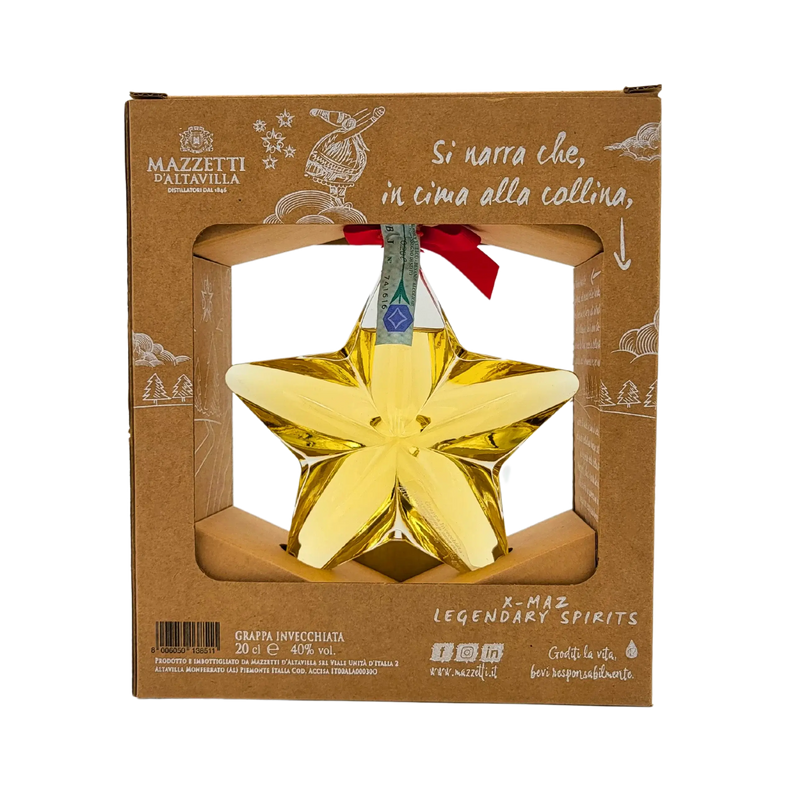 Grappa vieillie la Stella di Mazzetti d'Altavilla 20cl en bouteille étoilée avec ruban rouge, cadeau idéal pour Noël.