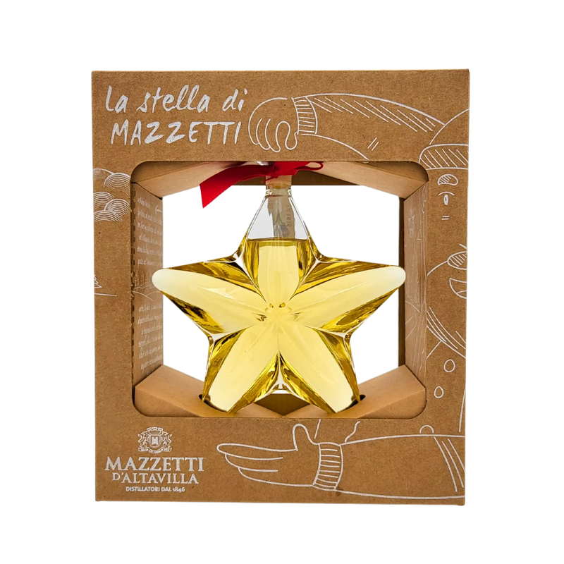Grappa vieillie Mazzetti d'Altavilla en bouteille étoile de Noël 20cl élégante avec ruban rouge, cadeau festif du Piémont.