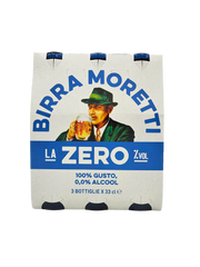 Pack of Birra Moretti sans alcool containing 3 bottles, featuring the label La Zero, 100% Gusto, 0,0% Alcool.