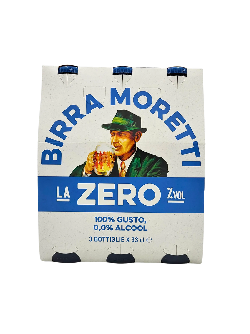 Pack of Birra Moretti sans alcool containing 3 bottles, featuring the label La Zero, 100% Gusto, 0,0% Alcool.