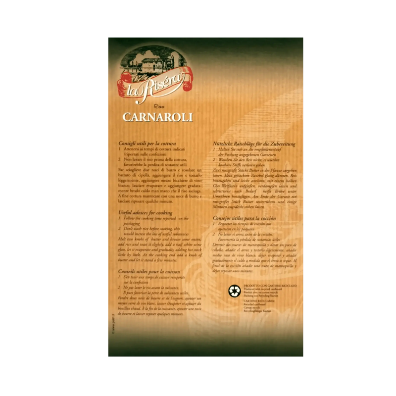 Conseils de cuisson pour le Riso Carnaroli La Risera 1kg - En italien, français, allemand, espagnol et anglais.