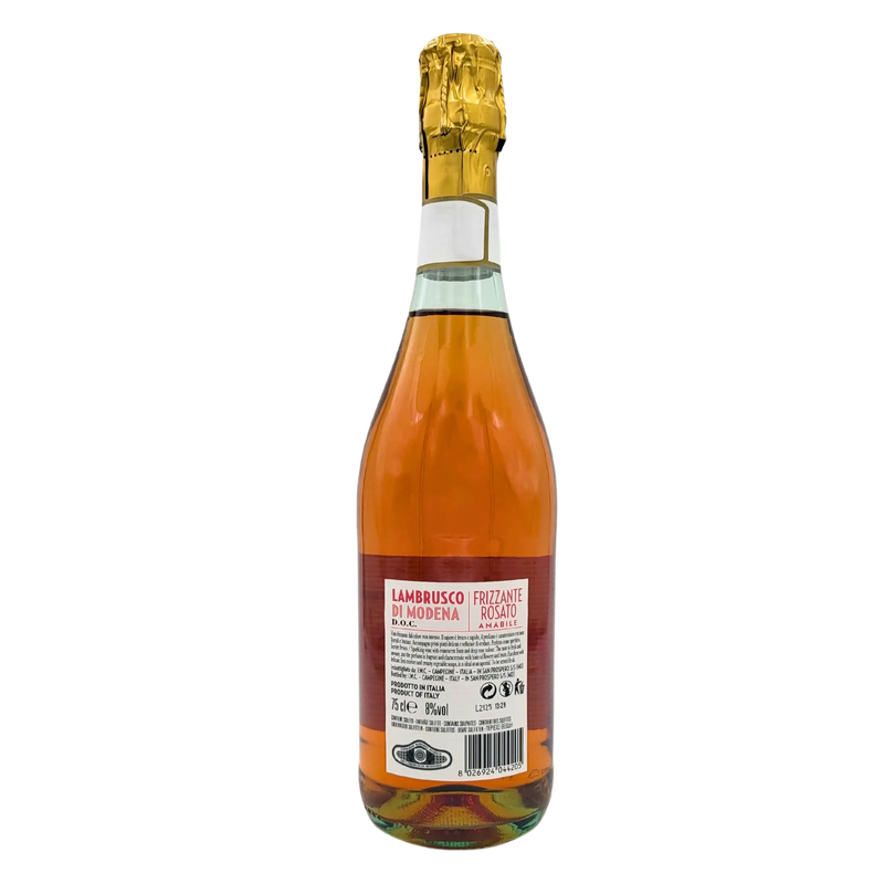 Bouteille de Lambrusco di Modena Amabile rosé pétillant, 75cl, avec étiquette et bouchon doré.