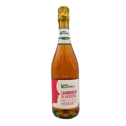 Bouteille de vin rosé pétillant Lambrusco di Modena Amabile D.O.C. par Laura Romagnelli, vue de face, 75cl.