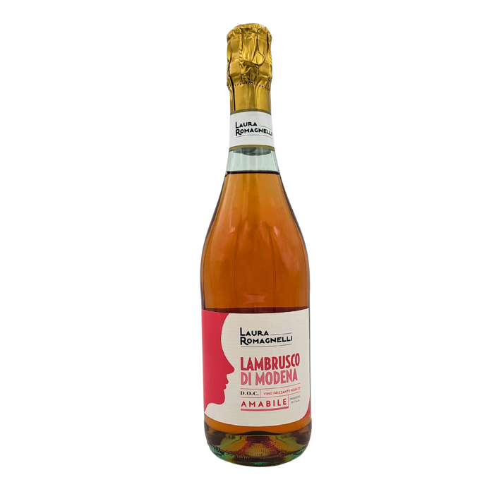 Bouteille de vin rosé pétillant Lambrusco di Modena Amabile D.O.C. par Laura Romagnelli, vue de face, 75cl.