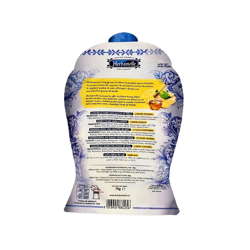 Dos de l’emballage des bonbons Gorge Miel Herbamelle avec la liste des ingrédients, sachet de 75 g de bonbons au miel, citron et gingembre, apaisants et rafraîchissants.