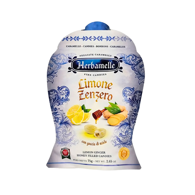 Bonbons Gorge Miel Herbamelle, bonbons fourrés au miel, citron et gingembre, sachet de 75 g mettant en valeur la confiserie italienne, apaisante et rafraîchissante.