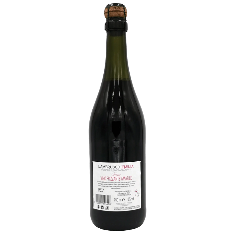 Lambrusco Emilia Vino Frizzante Amabile 750 ml, vin doux et pétillant italien, un Lambrusco Emilia typique au goût fruité et rafraîchissant.