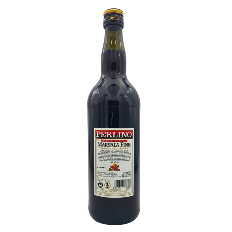 Bouteille de vin marsala Perlino D.O.C 1L, liqueur sicilienne vieillie en fûts de chêne, idéale pour tiramisu et fromages.