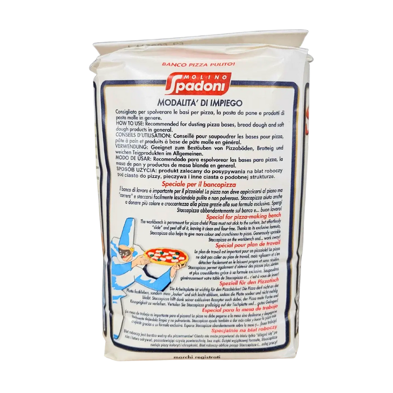Sac de 5kg de Farine Semoule Pizza Staccapizza de la marque Molino Spadoni avec instructions d'utilisation.