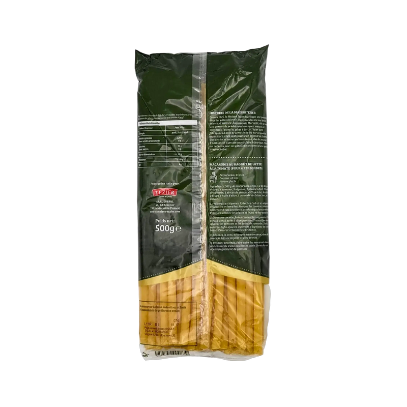 Vue arrière de l’emballage des Pâtes Longues – Macaroni Long – Tézier 500 g, mettant en valeur la haute qualité des Pâtes Françaises Tézier.
