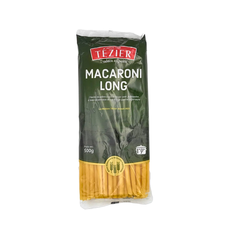 Emballage des Pâtes Tézier Macaroni Long 500 g, présentant des pâtes françaises de haute qualité.