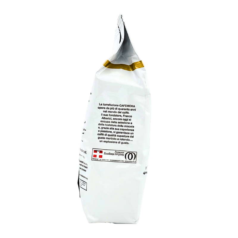 Vue latérale du paquet de café en grains Café Bar Artisanal Alessandria CafeMoka 1 kg montrant le design et les détails de l’emballage.
