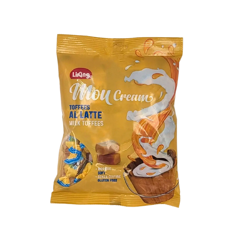 Emballage des bonbons mou au lait Liking, 150g, sans gluten, avec un design coloré et gourmand.