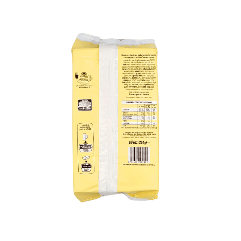 Arrière de l'emballage Mulino Bianco Fisarmoniche 264g, snack brioche italienne, informations nutritionnelles visibles.