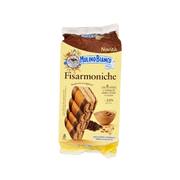 Emballage de Mulino Bianco Fisarmoniche 264g, brioche italienne, avec illustration de biscuits en forme d'accordéon.