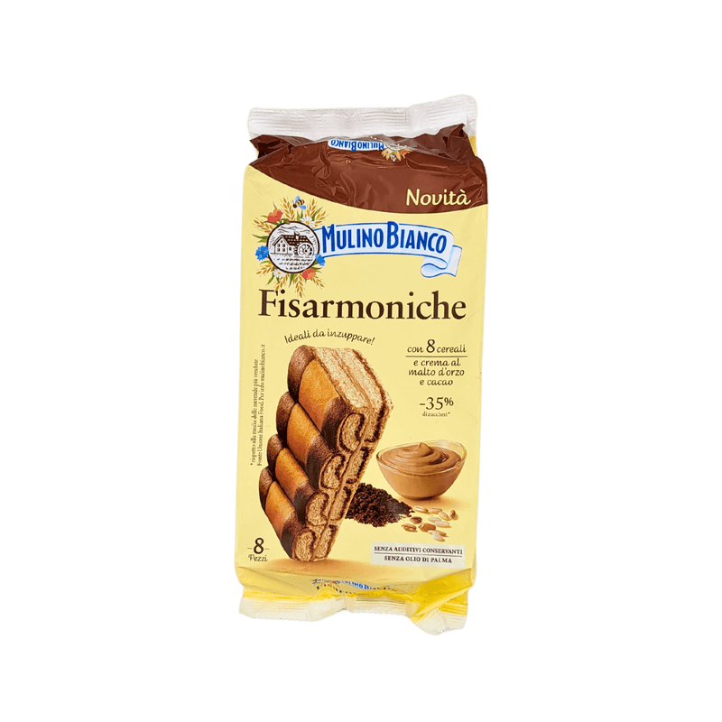 Emballage de Mulino Bianco Fisarmoniche 264g, brioche italienne, avec illustration de biscuits en forme d'accordéon.