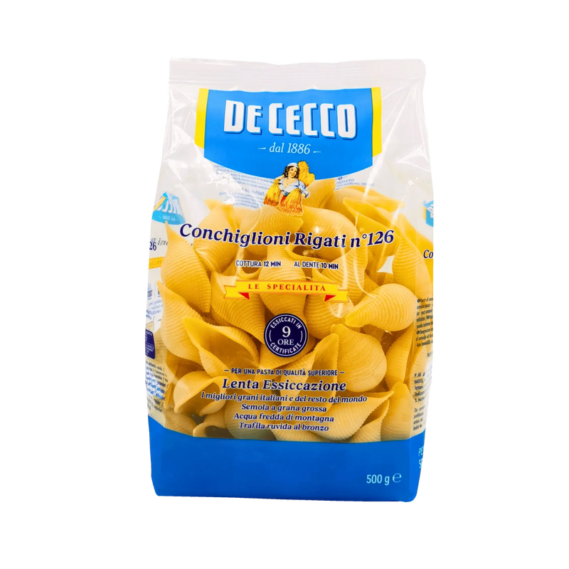 Conchiglioni De Cecco N°126 500g - Pâtes italiennes rigate idéales pour farcir.