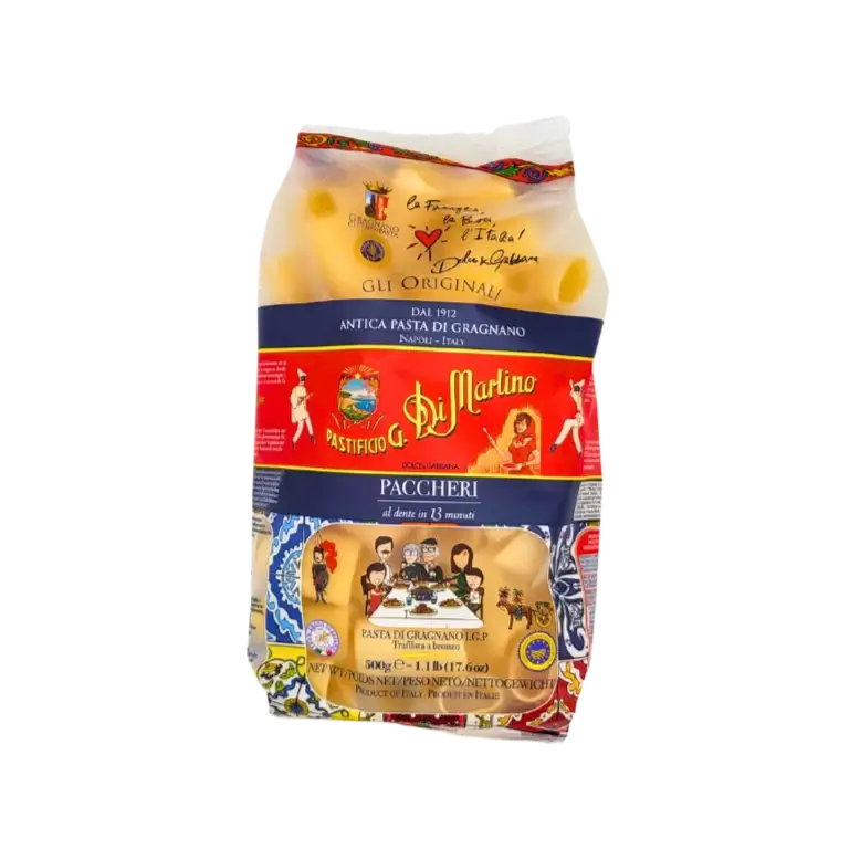 Paquet de pâtes artisanales Paccheri Di Martino 500g, typiques de Gragnano, idéal pour les recettes napolitaines savoureuses. #paccheri