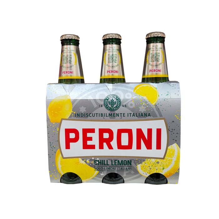 Pack de 3 bouteilles de bière Peroni Chill Lemon 33cl, bière italienne au goût de citron, parfaite pour un rafraîchissement estival.