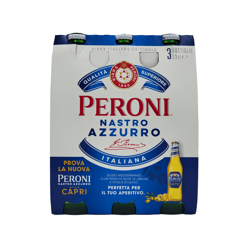 Pack de 3 bouteilles de bière Peroni Nastro Azzurro 33cl, lager italienne de qualité supérieure avec un goût méditerranéen, idéale pour partager.