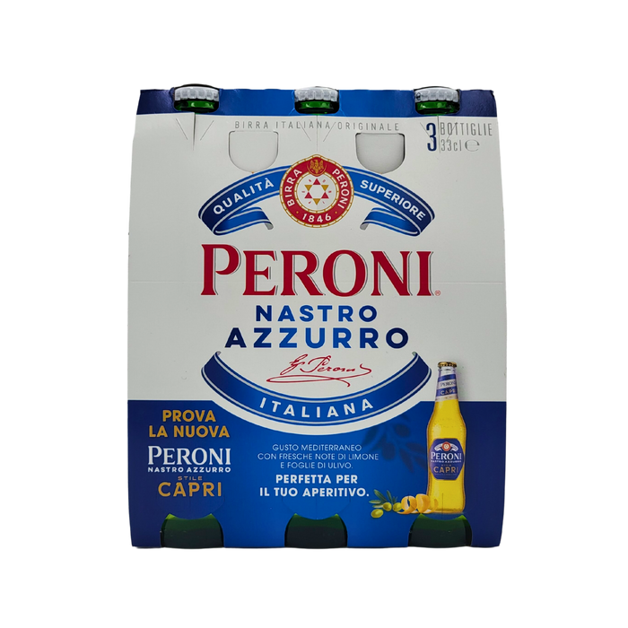 Pack de 3 bouteilles de bière Peroni Nastro Azzurro 33cl, lager italienne de qualité supérieure avec un goût méditerranéen, idéale pour partager.