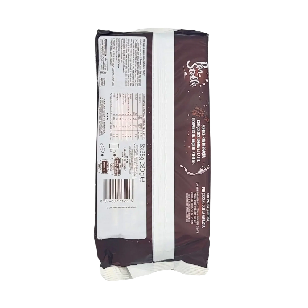 Achterkant verpakking van Mulino Bianco Pan di Stelle koekjes 280g, met ingrediënten en voedingswaarden.