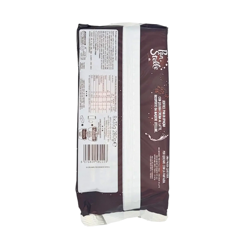 Emballage arrière des gâteaux Mulino Bianco Pan di Stelle 280g, montrant les ingrédients et valeurs nutritionnelles.