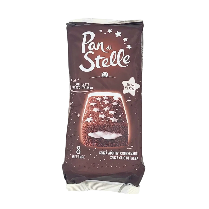 Paquet de gâteaux Mulino Bianco Pan di Stelle 280g avec étoiles blanches, sans huile de palme, collation gourmande.