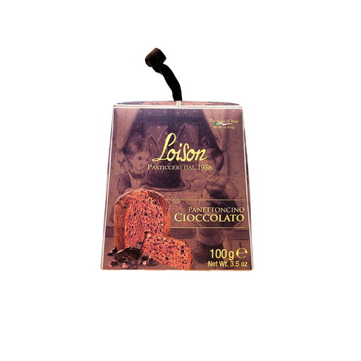 Face avant du Panettoncino Cioccolato Loison 100g, mettant en valeur le panettone au chocolat.