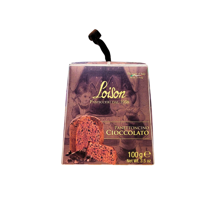 Face avant du Panettoncino Cioccolato Loison 100g, mettant en valeur le panettone au chocolat.