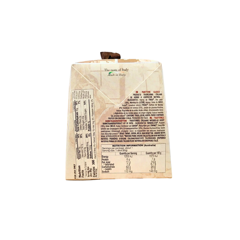 Emballage du mini panettone Loison 100 g, avec la liste des ingrédients et les informations nutritionnelles.
