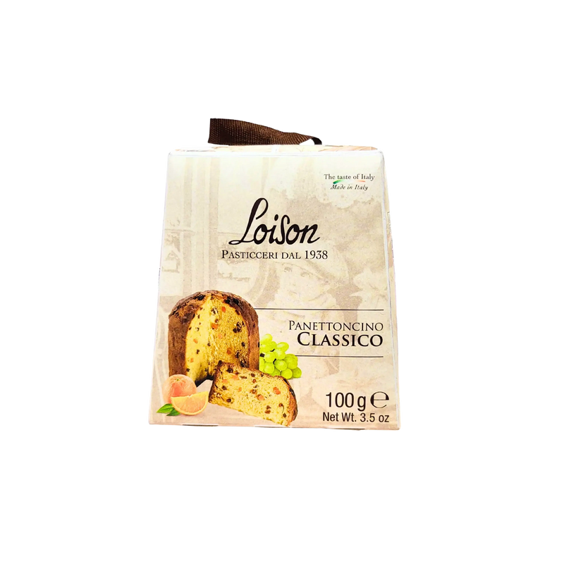 Mini panettone Loison 100 g, version miniature du célèbre gâteau italien, idéal à offrir ou à déguster pour une touche sucrée raffinée.